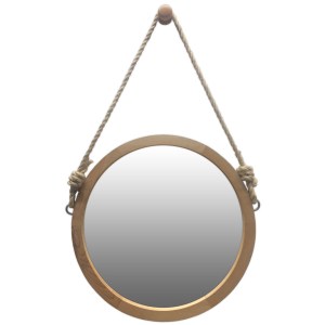 Круглое зеркало в деревянное раме подвесное на канате 
